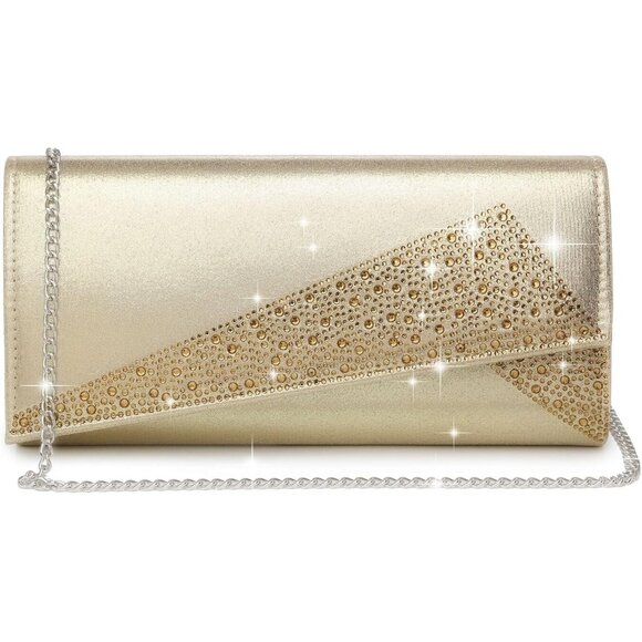Women's Gold Satin Rhinestone Cocktail Evening Glitter Shiny Clutch Bag - Picture 1 of 5
